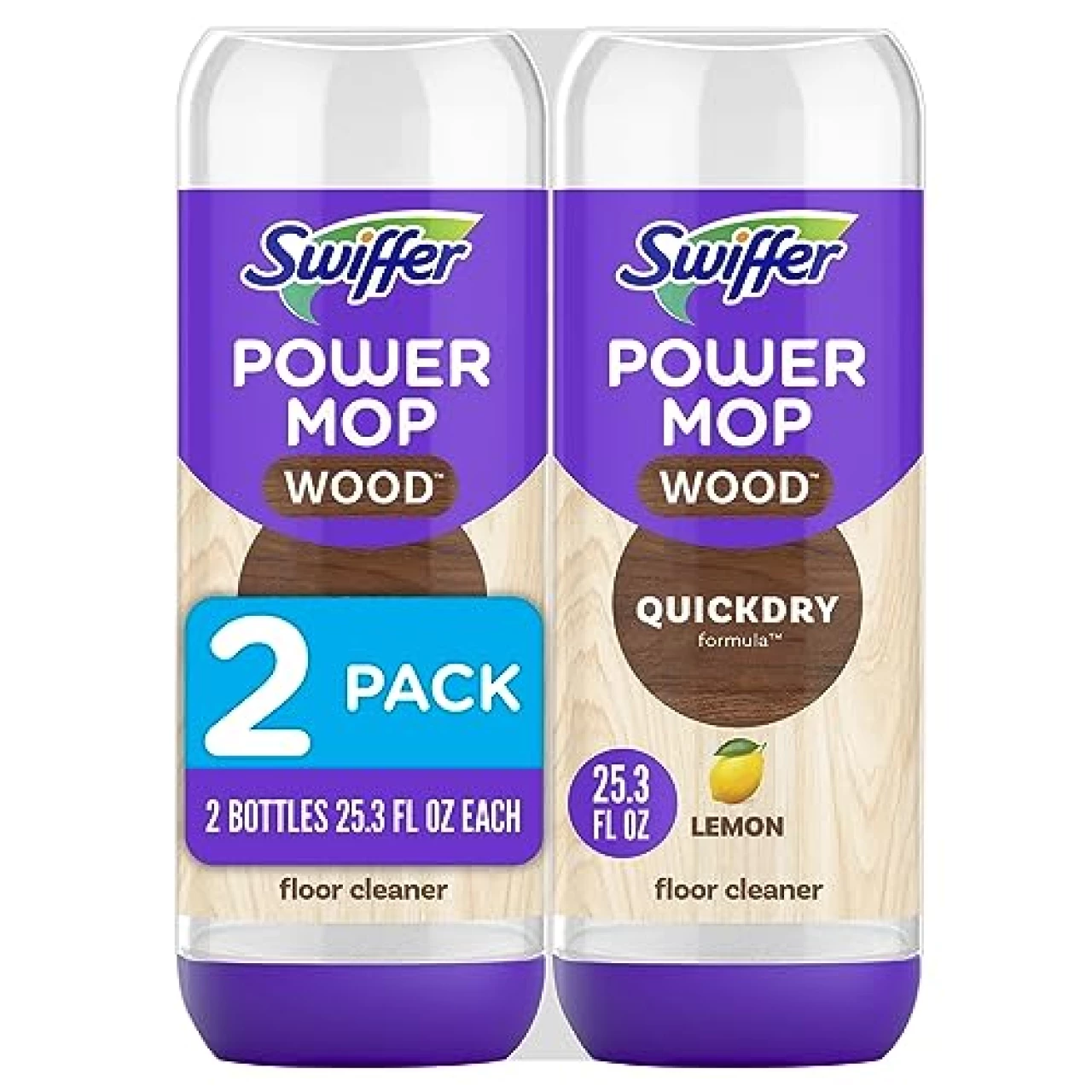 Swiffer PowerMop Wood QuickDry Wood Floor Cleaning Solution with Lemon Scent, 25.3 fl oz, 2 pack