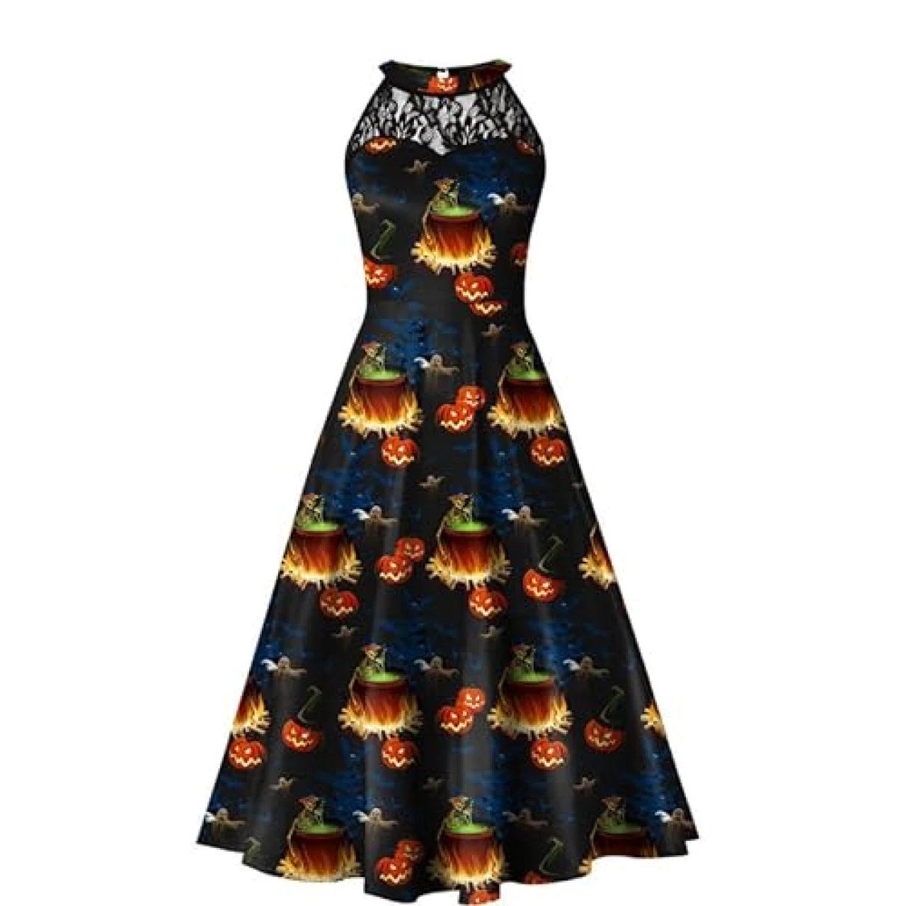 Halloween Dress for Women Halter Lace Swing A-Line Party Vintage Dress Ghost&amp;Pumpkin L