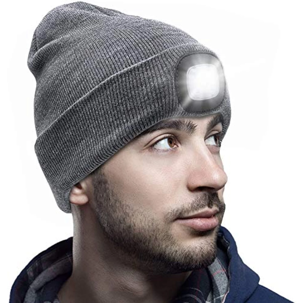 Unisex Beanie with Light, USB Rechargeable LED Headlamp Beanie, Gifts for Dad Father Men Husband Warm Knitted Cap Grey