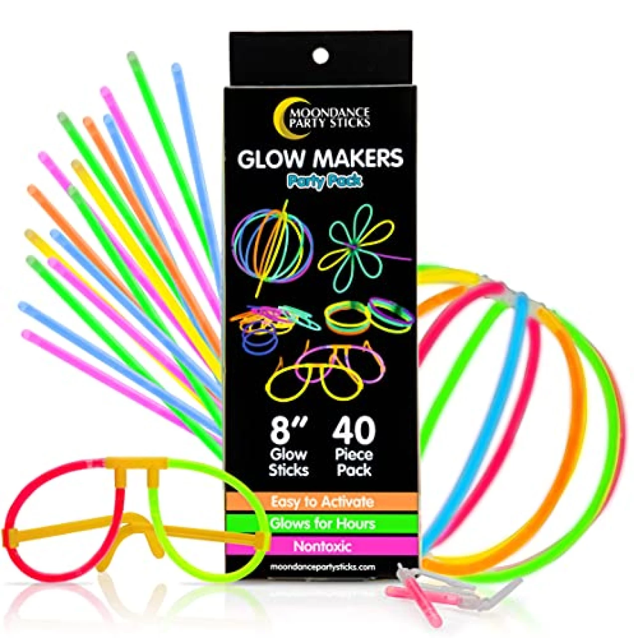 PartySticks Moondance Glow Sticks and Connectors - 40pk Glow in The Dark Party Favors