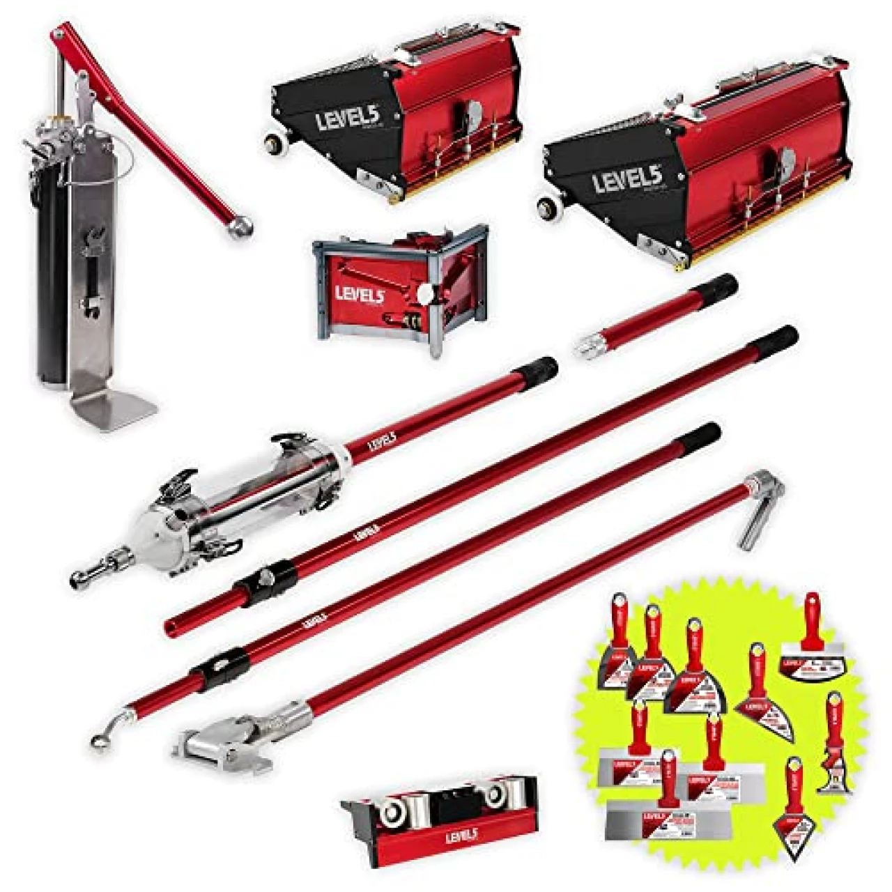 Drywall Finishing Set, MEGA Capacity - LEVEL5 | Pro-Grade | 7/10&quot; MEGA Flat Boxes, Box Handle, Corner Roller/Finisher,MiniShot, Compound Pump + Filler | 4-672