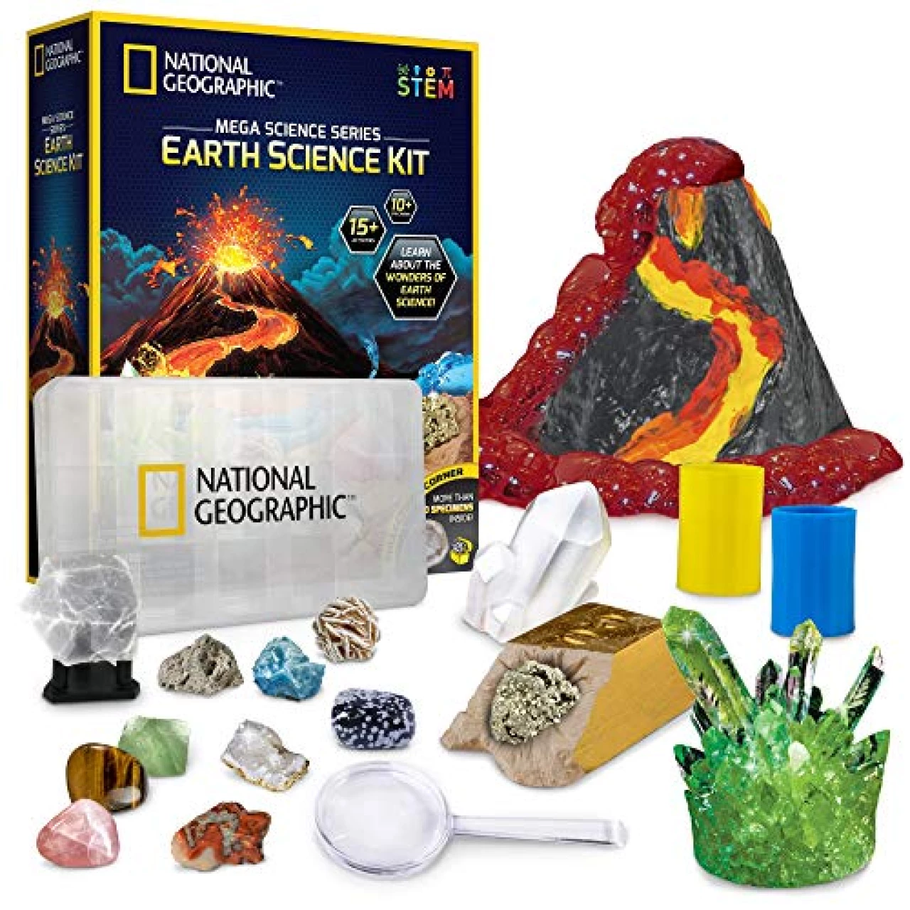 NATIONAL GEOGRAPHIC Earth Science Kit - Over 15 Science Experiments for Kids, Crystal Growing Kit, Volcano Science Kit, Dig Kits &amp; Gemstones, STEM Project Toy for Boys and Girls (Amazon Exclusive)