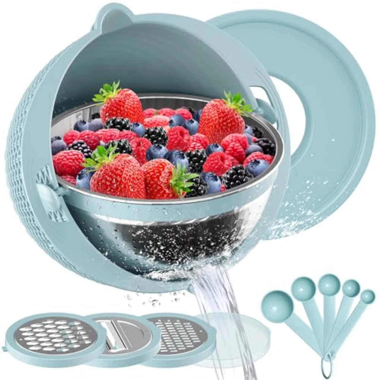 4-1 Colander with Mixing Bowl Set - Colander Bowl with Measuring Spoons - Fruit Strainer Bowl, Colanders &amp; Food Strainers Stainless Steel, Rotatable Kitchen Colander Strainer Bowl - Blue