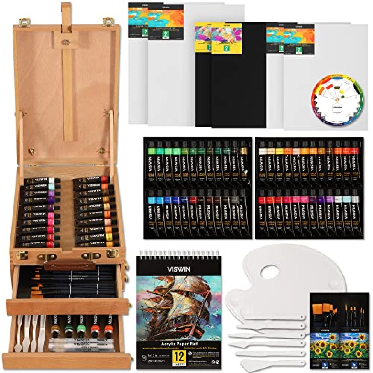 VISWIN 74 Pcs Premium Acrylic Painting Set, Painting Kit with Tabletop Sketch Box, 48 Colors Acrylic Paints, Canvas Panels, Nylon Paint Brushes, and Some Other Supplies, for Adults, Beginners, Artists