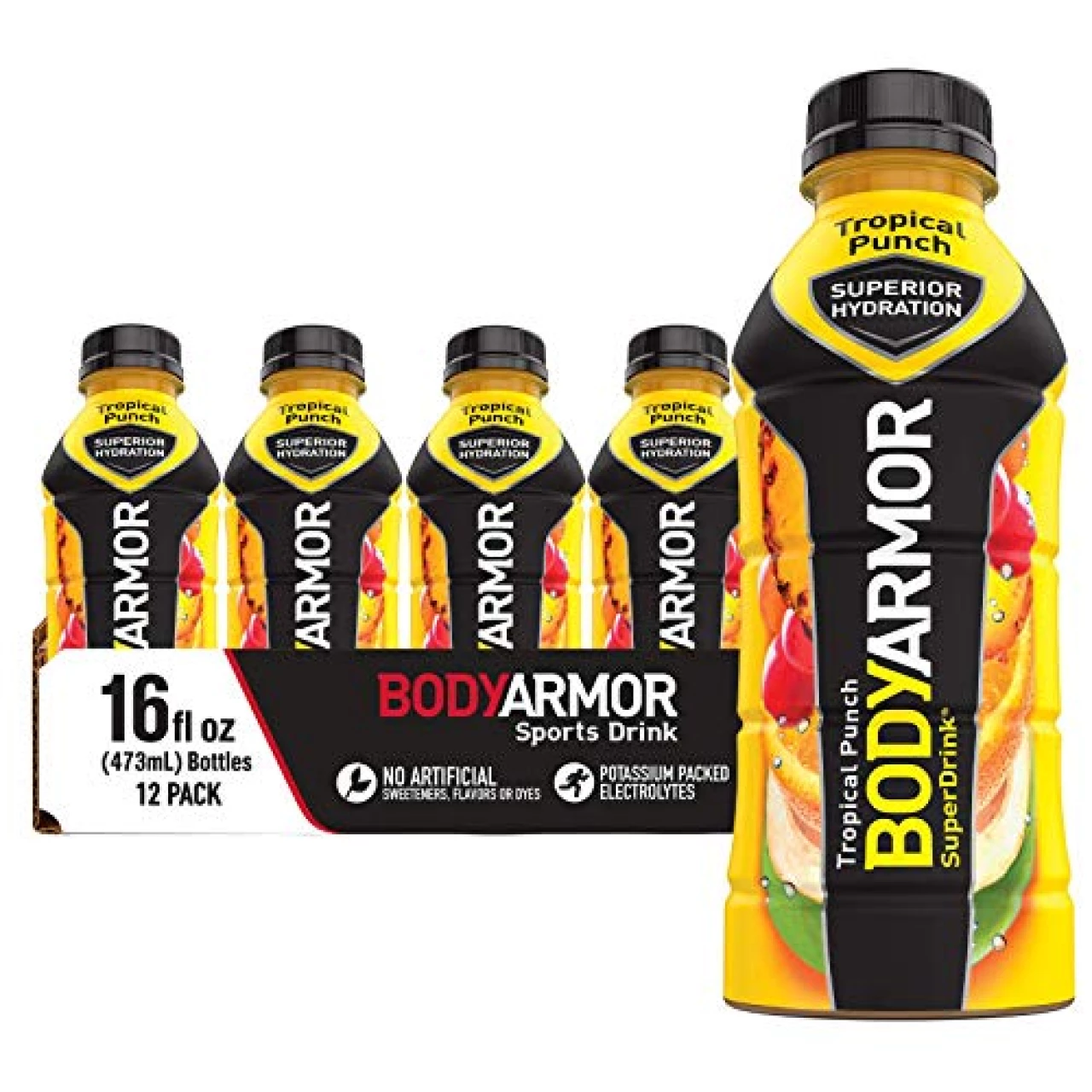 BODYARMOR Sports Drink Sports Beverage, Tropical Punch, Coconut Water Hydration, Natural Flavors With Vitamins, Potassium-Packed Electrolytes, Perfect For Athletes, 16 Fl Oz (Pack of 12)