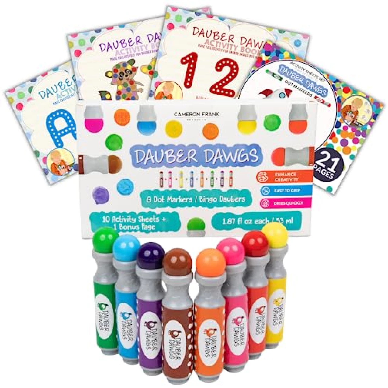 Cameron Frank Products Dot Markers for Toddlers 1-3 - Set of 8 Dauber Dawgs Washable Dot Paints with 3 Activity Book PDFs