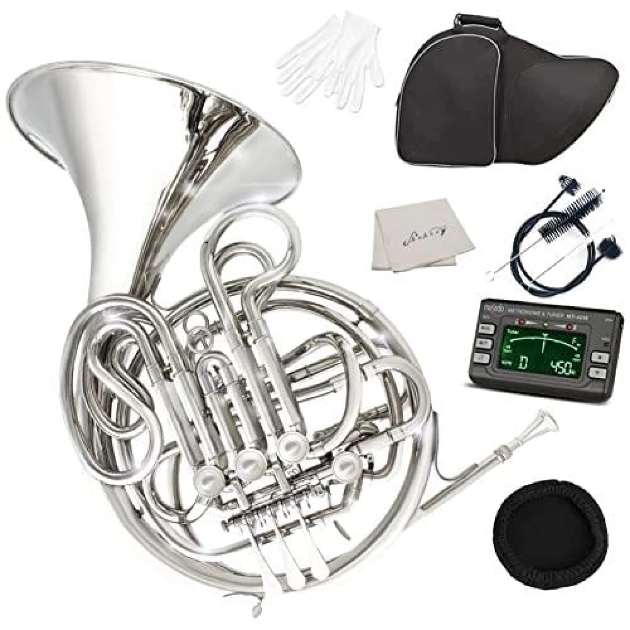 Double French Horn F/Bb 4 Keys Nickel plated＆Gold Craft Lacquer Brass French Horn With French Horn Case, Mouthpiece, Gloves, Cleaning Cloth and Brush (Sliver)