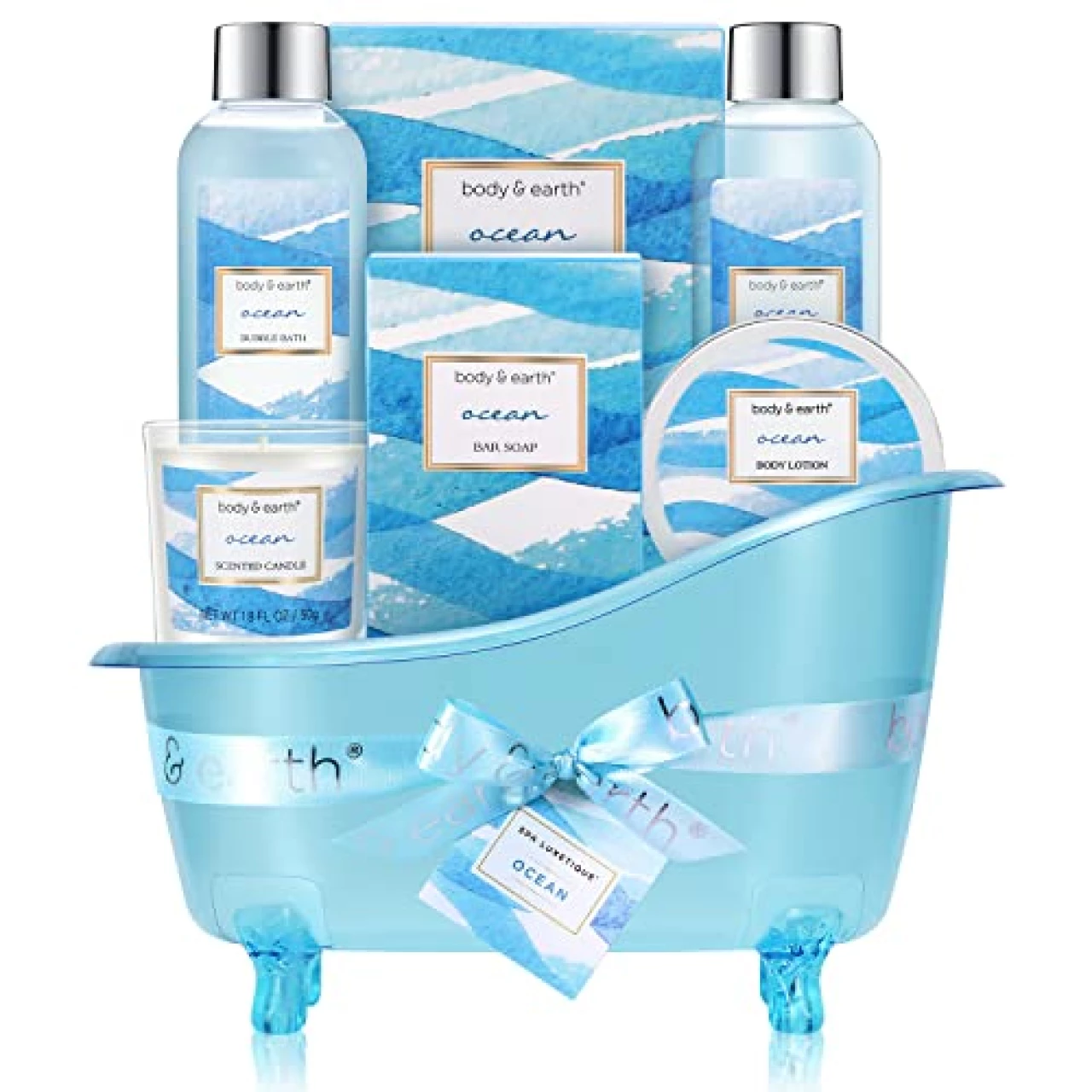 Bath and Body Gift Baskets for Women, Body &amp; Earth Spa Gift Sets for Women, 7 Pcs Ocean Bath Set with Bubble Bath, Bath Salt, Body Lotion, Scented Candle, Spa Kit for Women, Christmas Gifts for Women