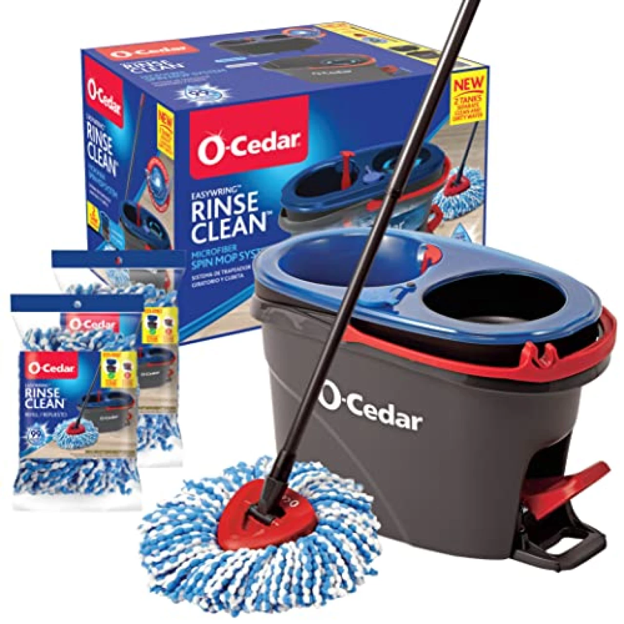 O-Cedar EasyWring RinseClean Microfiber Spin Mop &amp; Bucket Floor Cleaning System with 2 Extra Refills