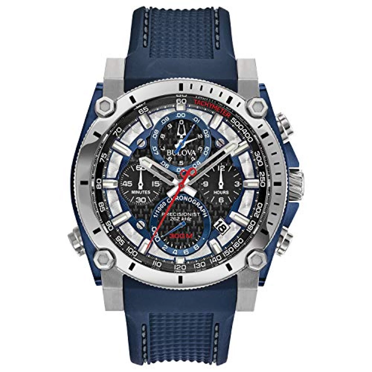 Bulova Men&rsquo;s Precisionist Stainless Steel 8-Hand Chronograph with Blue and Red Accents with Blue Polyurethane Strap Style: 98B315