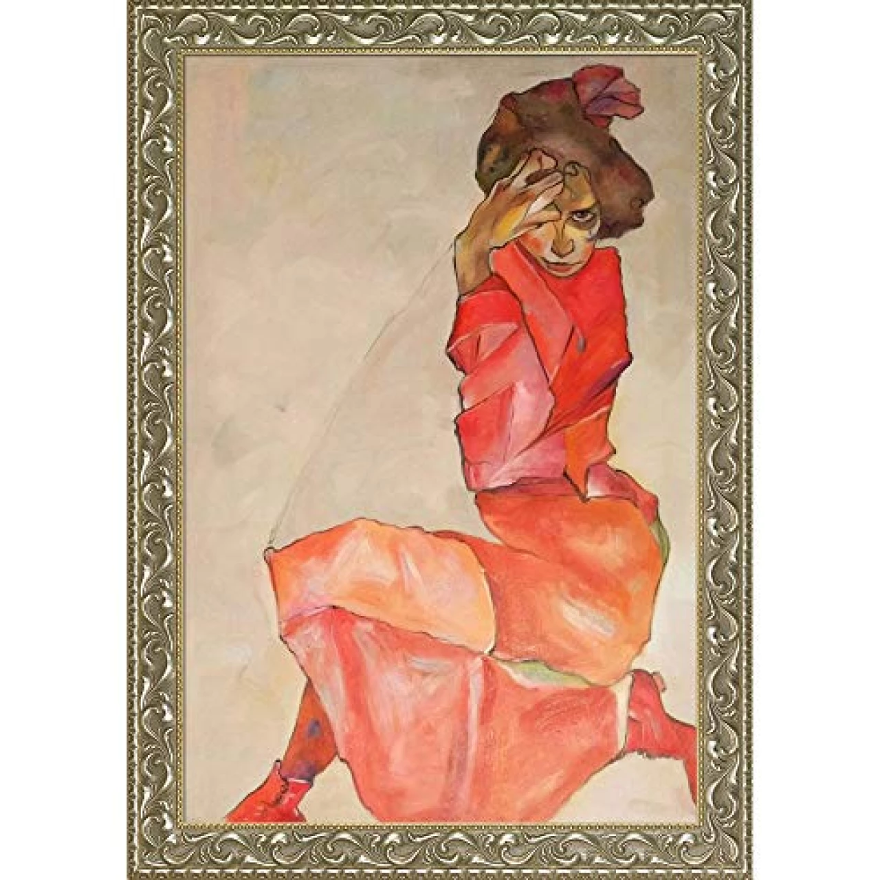 overstockArt Kneeling Female in Orange-Red Dress, 1910 by Egon Schiele, Hand Painted Oil with Rococo Silver Frame