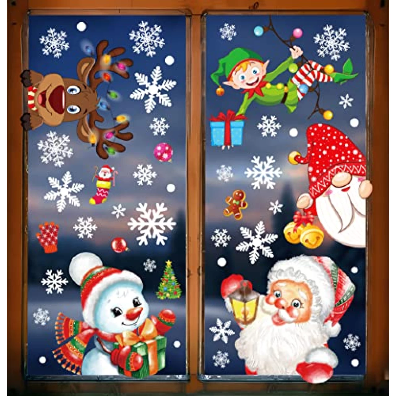 350PCS Christmas Decorations Snowflakes Window Clings Vintage Xmas Winter Decals Santa Clause Gnome Elf Snowman Reindeer Party Cling Decor
