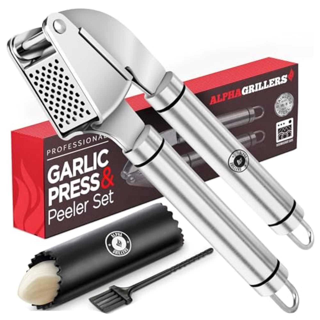 Alpha Grillers Garlic Press Stainless Steel - Premium Garlic Mincer with Silicone Garlic Peeler - Easy Squeeze Garlic Crusher, Grater and Grinder - Dishwasher Safe Easy Clean Kitch&hellip;