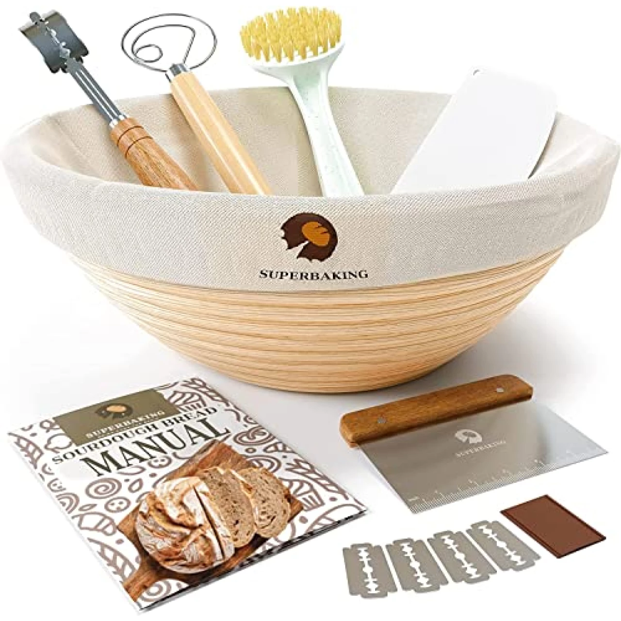 Superbaking Bread Proofing Basket, Round 9 inch Sourdough Starter Kit, Proofing Basket for Bread baking, Bread Making Supplies Tools, Banneton Basket Gift Set