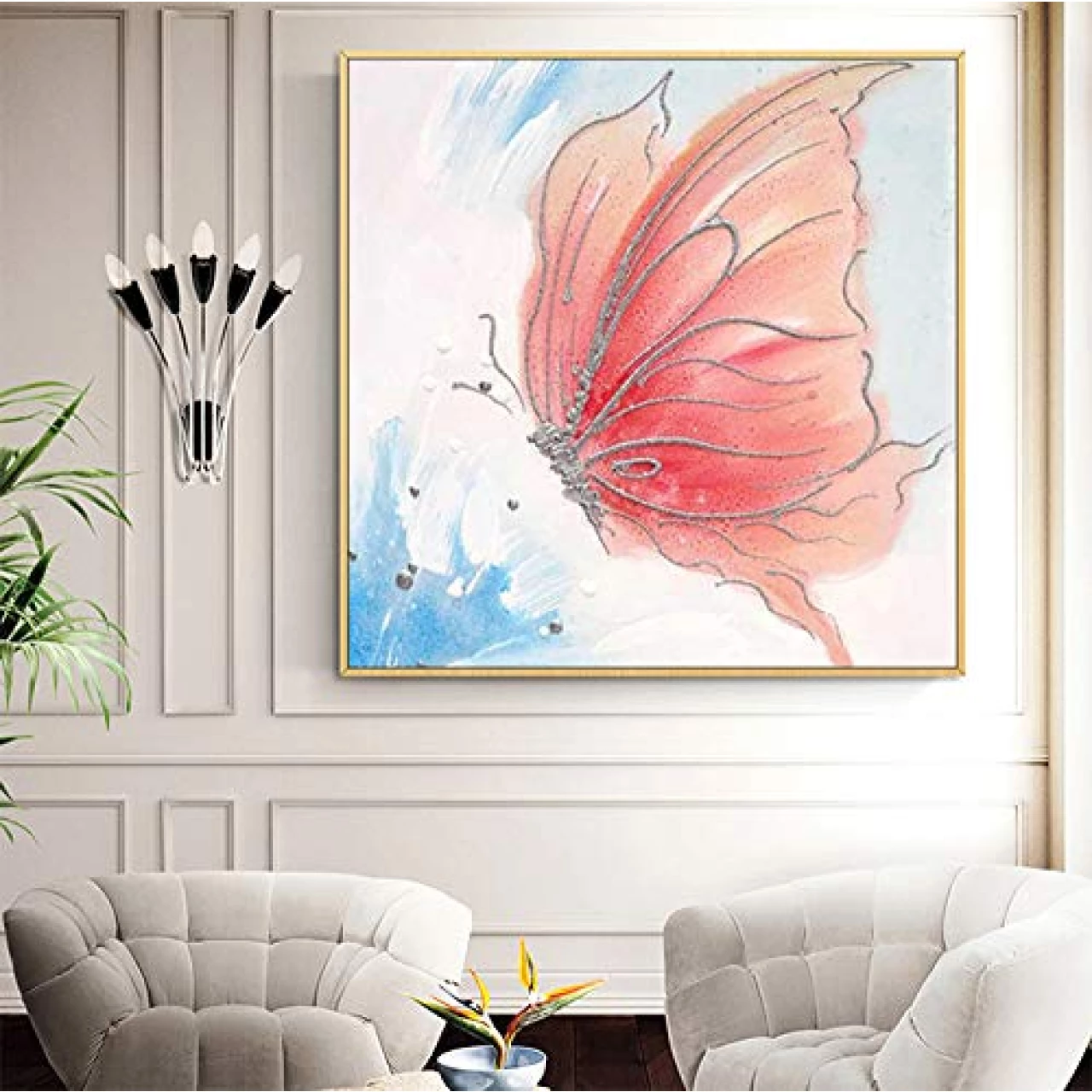 Oil Paintings On CanvasHand Painted,Abstract Wall Art Modern Textured 3D Pink Butterfly Ethnic Silver Flying Dreams Large Size Unframed Cool Mural Home Decor for Living Room Bedroom Gift,56X56I