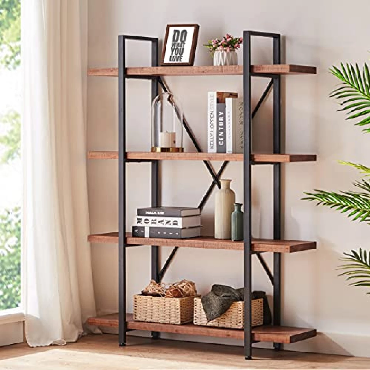HSH 4 Tier Natural Real Wood Bookshelf, 4 Shelf Rustic Solid Wooden and Metal Bookcase, Farmhouse Open Vintage Industrial Etagere Book Shelf for Office Living Room Bedroom Storage, Distressed Brown