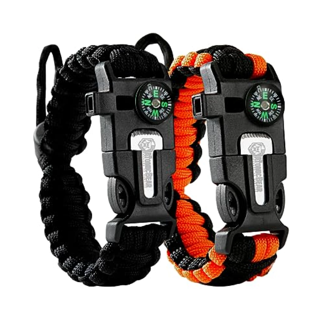 Atomic Bear Paracord Bracelet (2 Pack) - Adjustable - Fire Starter - Loud Whistle - Perfect for Hiking, Camping, Fishing and Hunting - Black &amp; Black+Orange