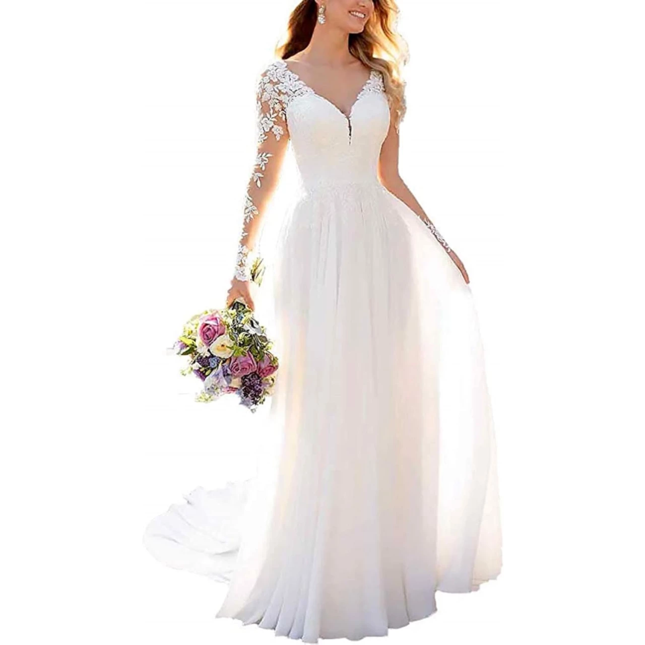 Clothfun Women&rsquo;s Lace Mermaid Beach Wedding Dresses for Bride 2023 with Sleeves Bridal Gowns Long