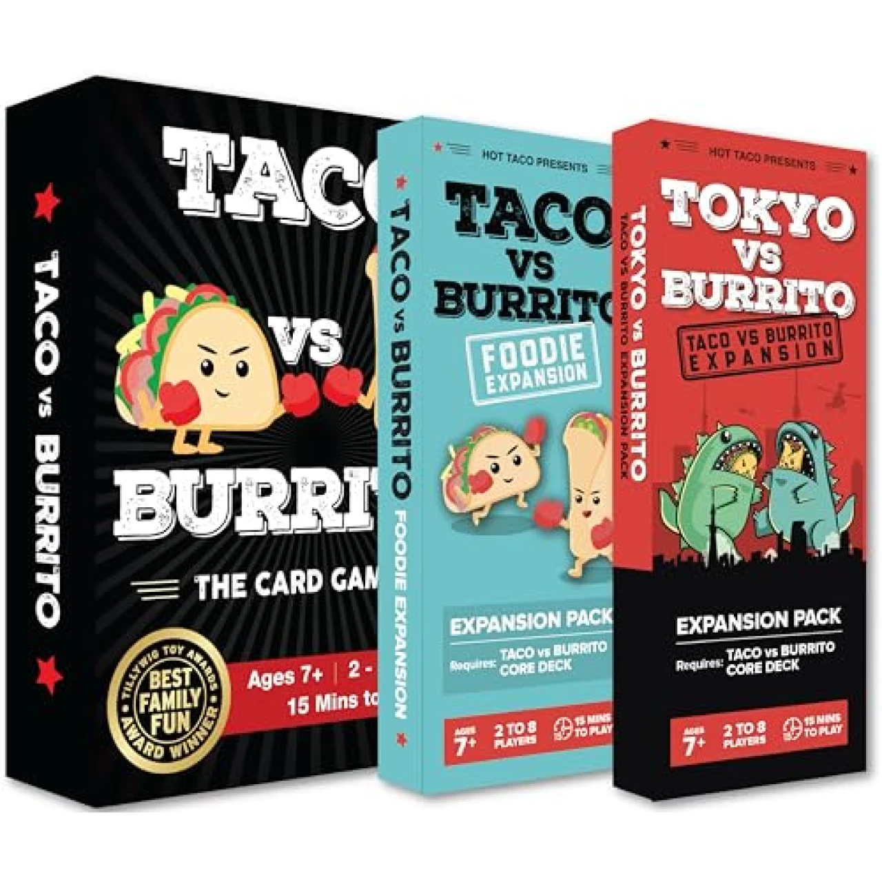 Taco vs Burrito Card Game + 2 Expansion Pack Bundle - Family Game Night and Party Game for Kids, Teens, and Adults - 2-8 Players - The Wildly Popular Surprisingly Strategic Card Game Created by a 7