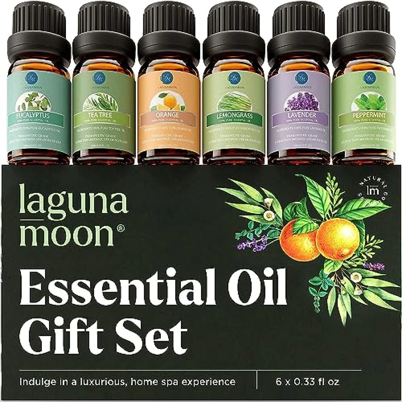 LagunaMoon 6-Pack w Gift Box | Essential Oils Set, 10mL, Peppermint, Tea Tree, Lavender, Eucalyptus, Lemongrass, Orange