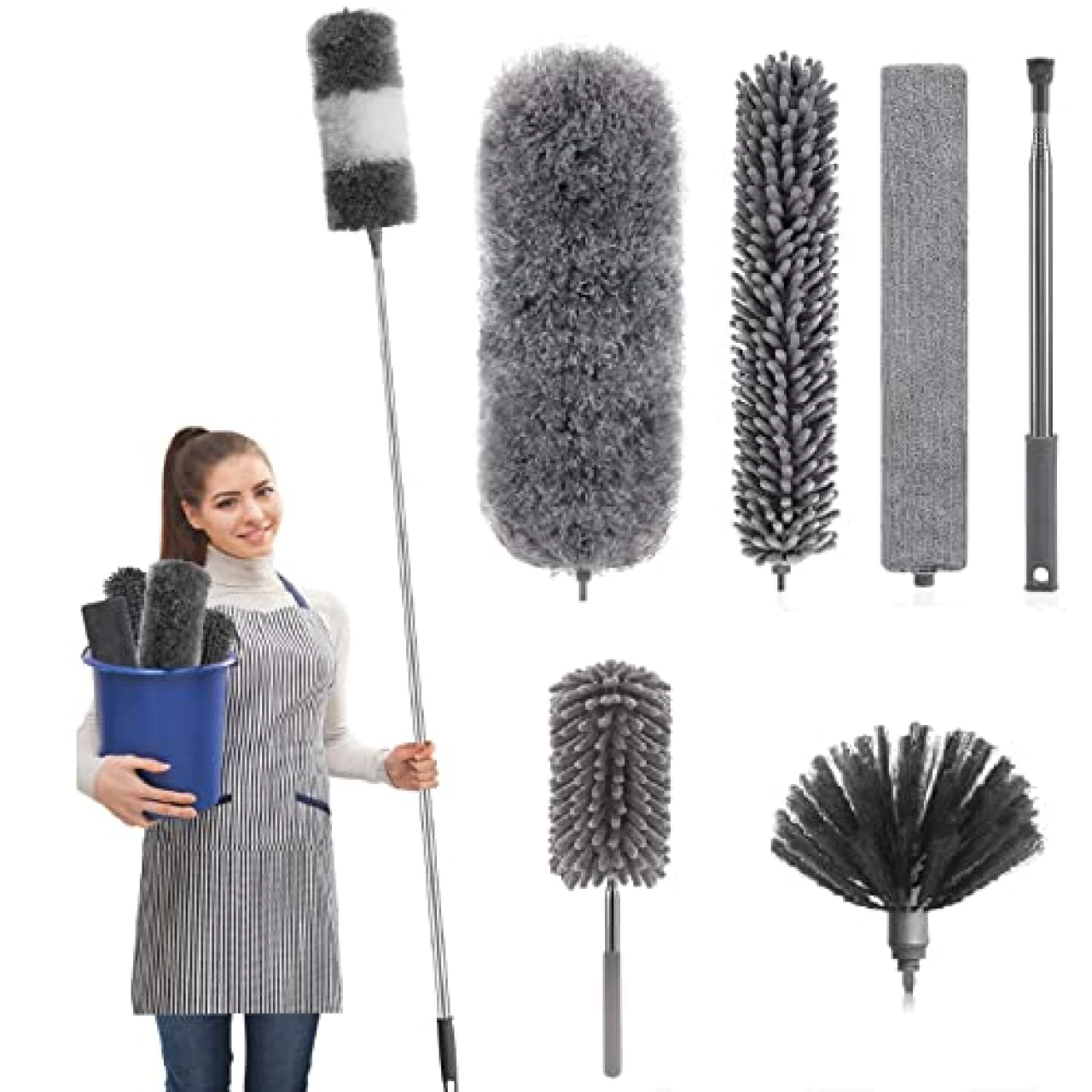 Microfiber Feather Duster 7PCS - Extendable &amp; Bendable Dusters with Long Extension Pole, Washable Lightweight Dusters for Cleaning Ceiling Fan, High Ceiling, Blinds, Furniture, Cars