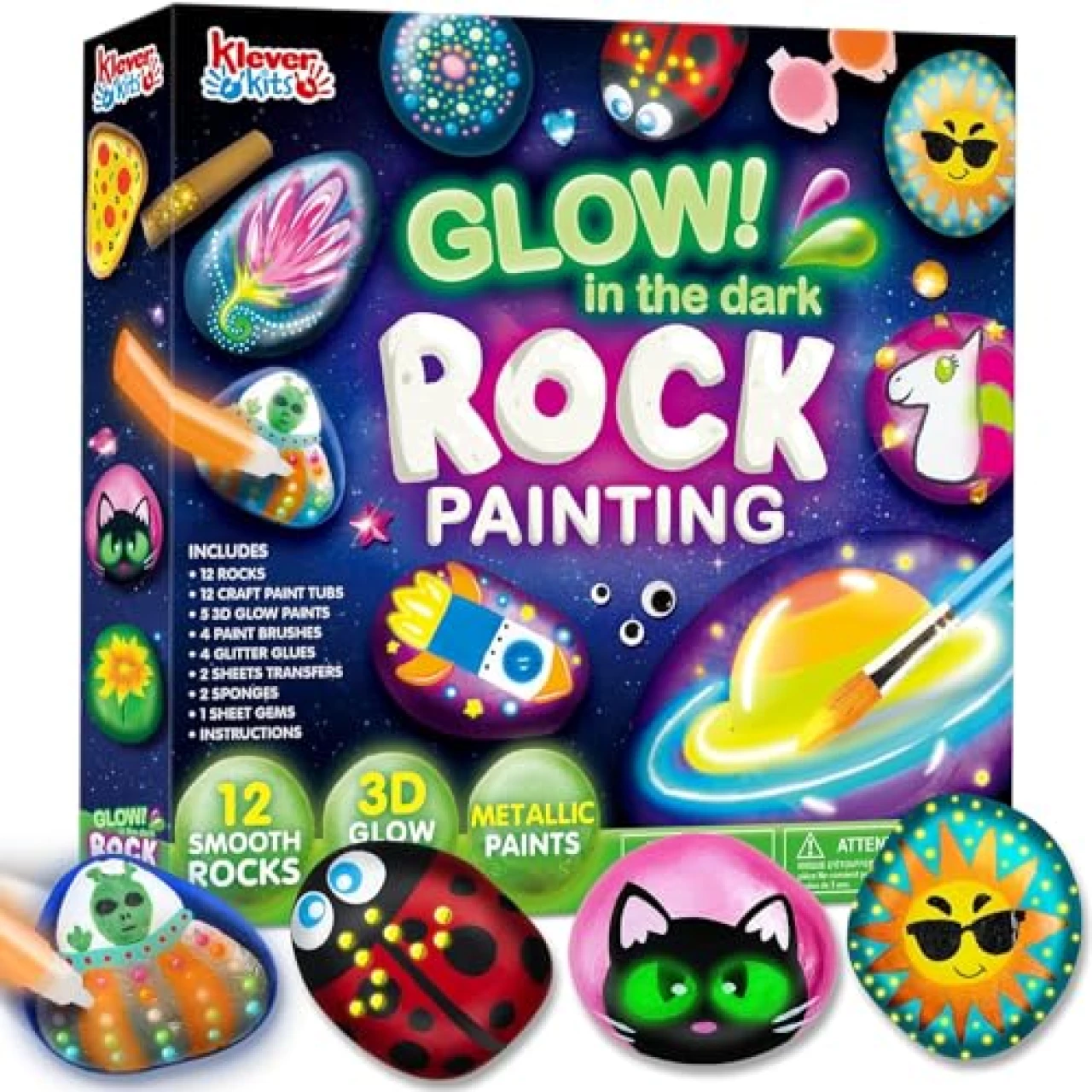 12 Rock Painting Kit, 43 Pcs Arts and Crafts for Kids Ages 6-8+, Art Supplies with 18 Paints (Glow in The Dark &amp; Metallic &amp; Standard), Craft Paint Kits, Kids Toy Gifts for Boys and Girls Ages 4+