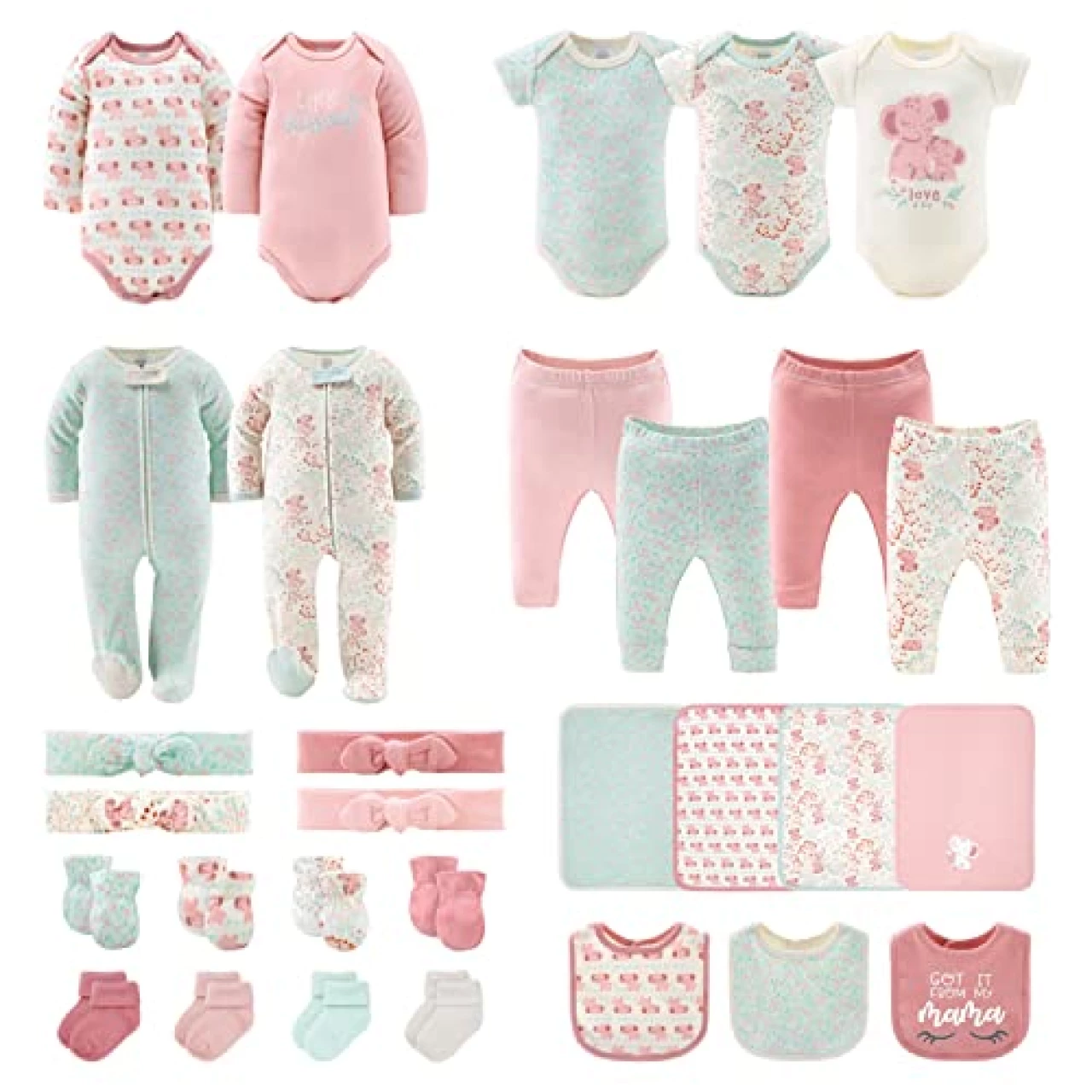 The Peanutshell Newborn Clothes &amp; Accessories Set | 30 Piece Layette Gift Set | Fits Newborn to 3 Months | Pink Elephant &amp; Floral