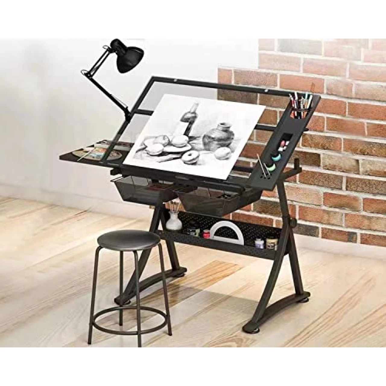 Landpink Glass Drafting Table Art Desk - Adjustable Professhional Artwork Drawing Desk
