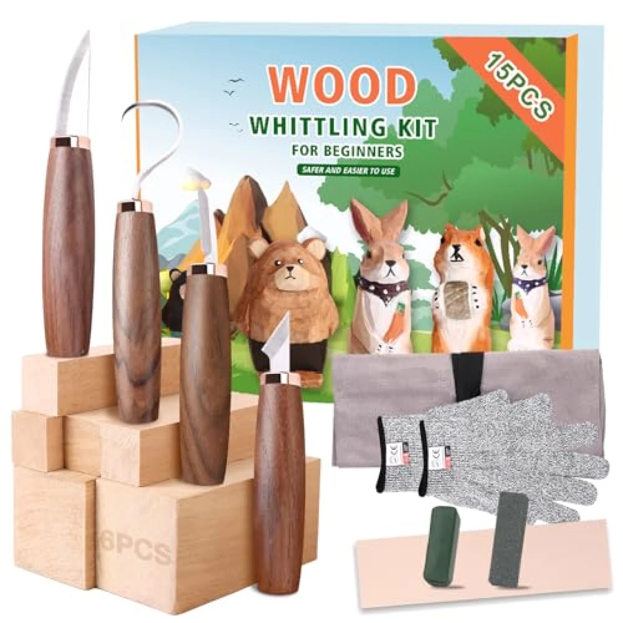 Wood Carving Tools Pack of 15- Includes Black Walnut Handle Wood Carving Knife,Whittling Knife,Hook Knife,Polishing Compound,Sharpening Stone,Cut Resistant Gloves,Wood Carving Kit for Beginners.