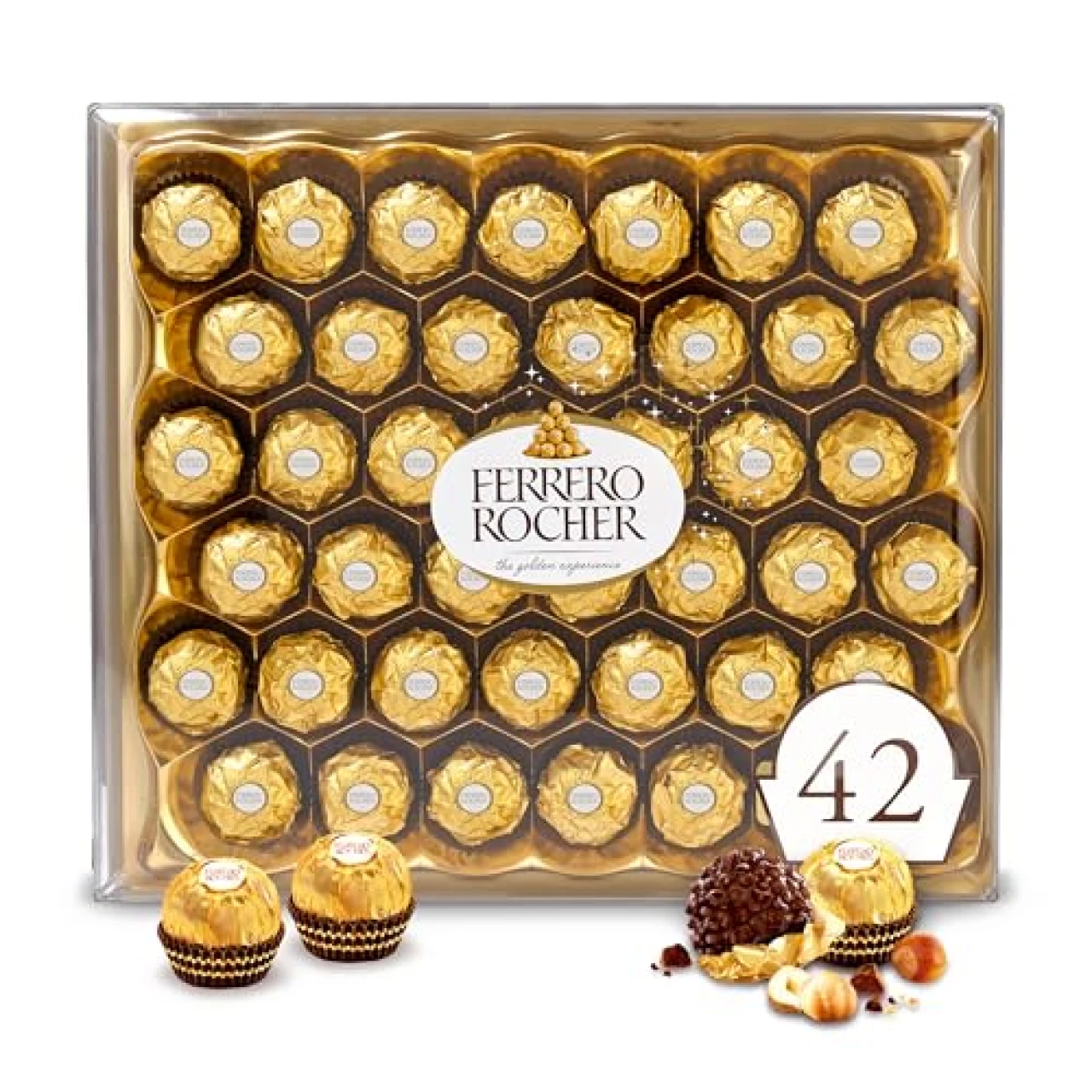 Ferrero Rocher, 42 Count, Gourmet Milk Chocolate Hazelnut, Valentine&rsquo;s Chocolate, Individually Wrapped