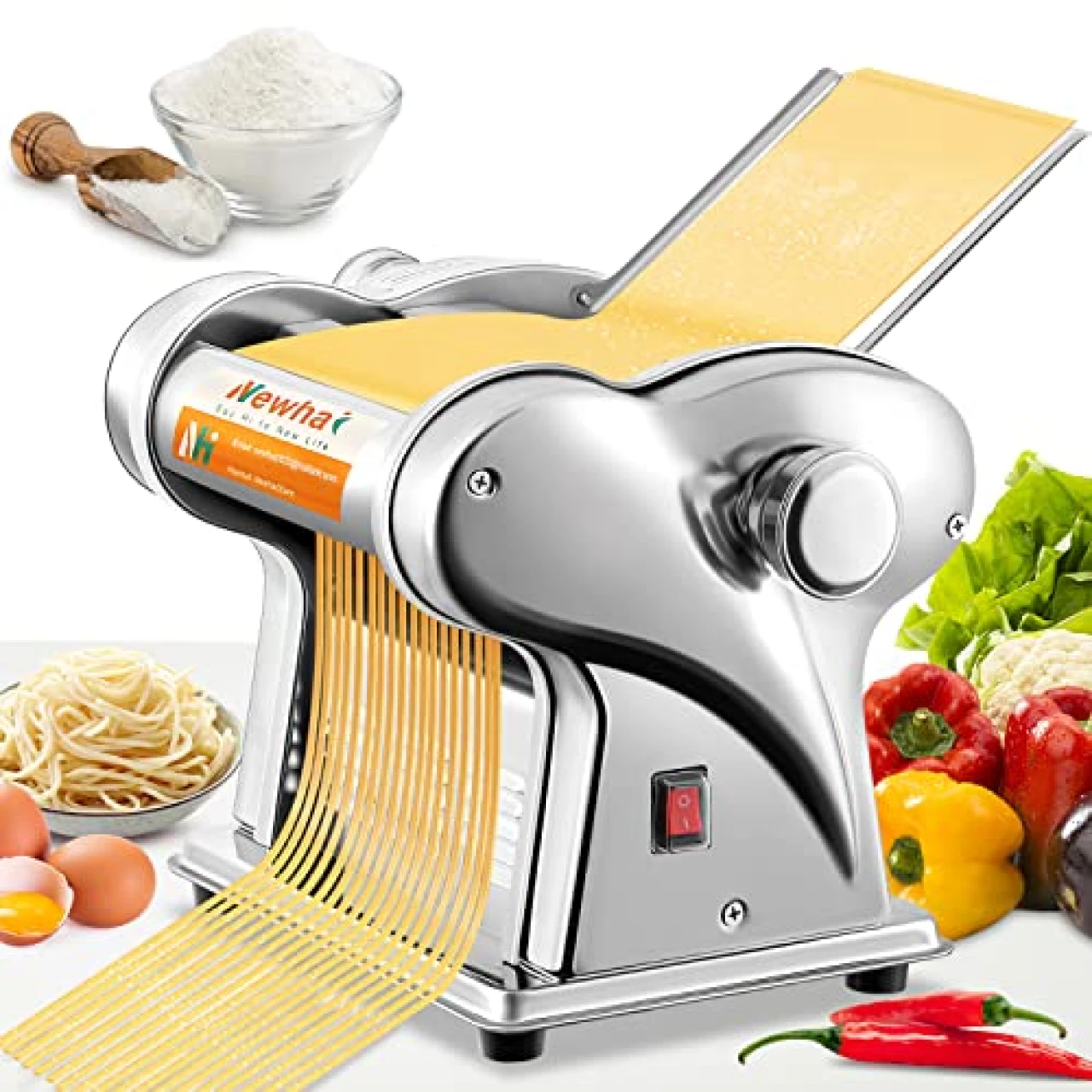 Newhai Electric Family Pasta Maker Machine Noodle Maker Pasta Dough Spaghetti Roller Pressing Machine Stainless Steel 135W for Home Use (1.5mm round noodle+4mm flat noodle)