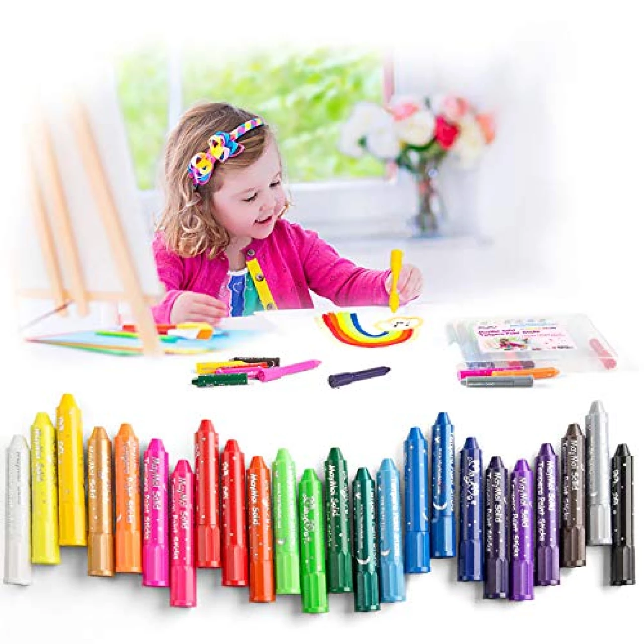 MayMoi Tempera Paint Sticks, Washable Paint Sticks for Kids, Non-Toxic, Quick Drying &amp; No Mess (24 Bright Colors)