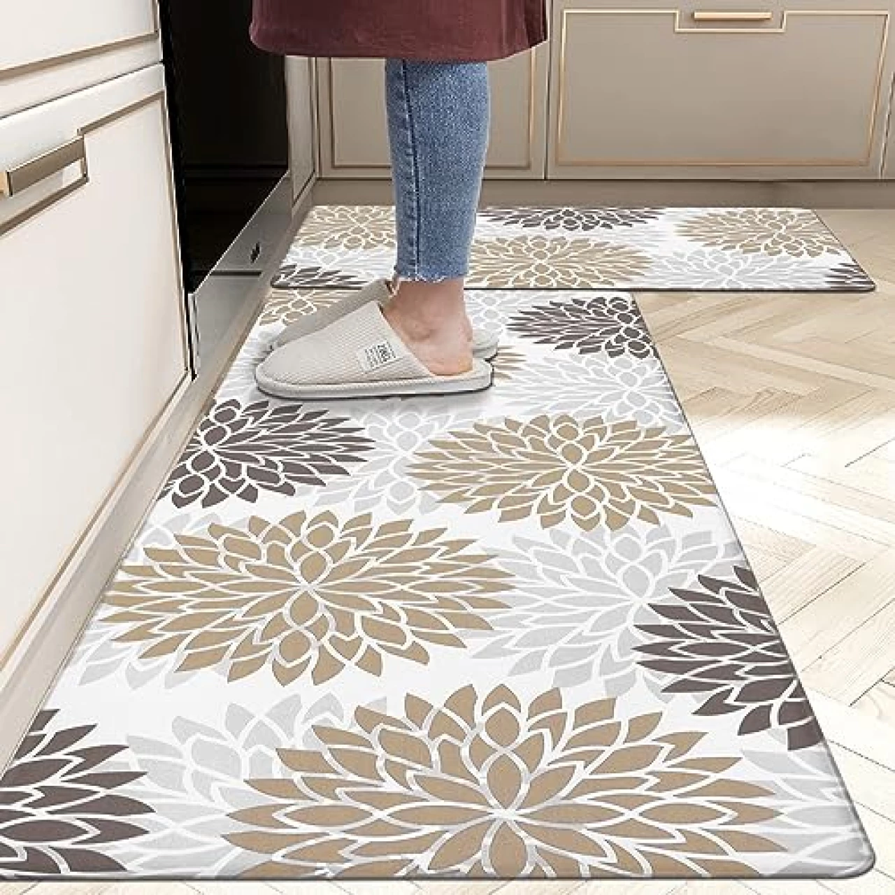 HEBE Anti Fatigue Kitchen Floor Mat Set of 2 Waterproof Non Slip Kitchen Mats Set with Runner Cushioned Floral Kitchen Rug Heavy Duty Standing Mat 17&quot;x48&quot;+17&quot;x28&quot; Brown