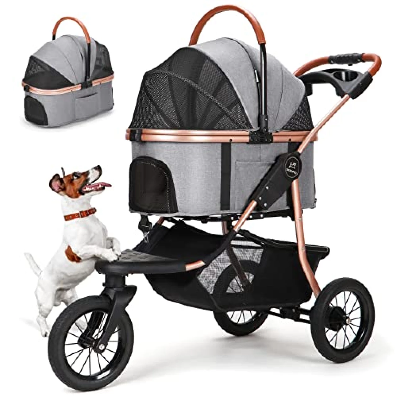 SKISOPGO Foldable Pet Jogger Strollers for Small Medium Dogs Cats, 3 in 1 Dog Jogging Stroller, No-Zip Dog Wagon Stroller with Detachable Carrier, Durable Rubber 3 Wheels for Travel (Grey)