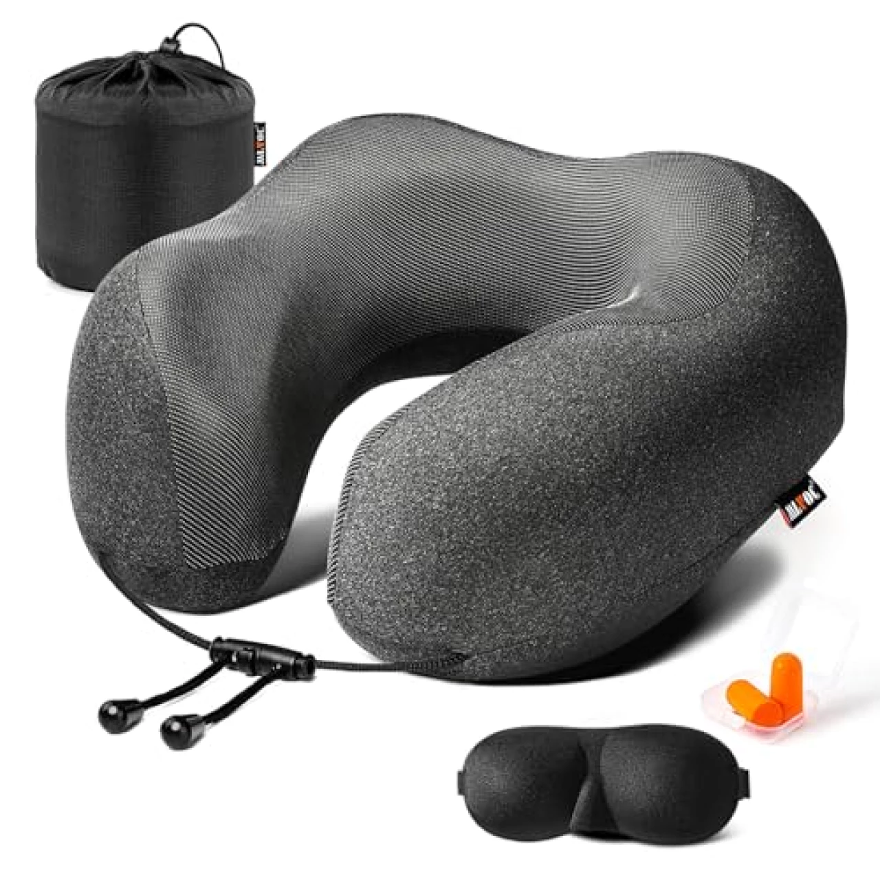 MLVOC Travel Pillow 100% Pure Memory Foam Neck Pillow, Comfortable &amp; Breathable Cover, Machine Washable, Airplane Travel Kit with 3D Contoured Eye Masks, Earplugs, and Luxury Bag, Standard (Black)