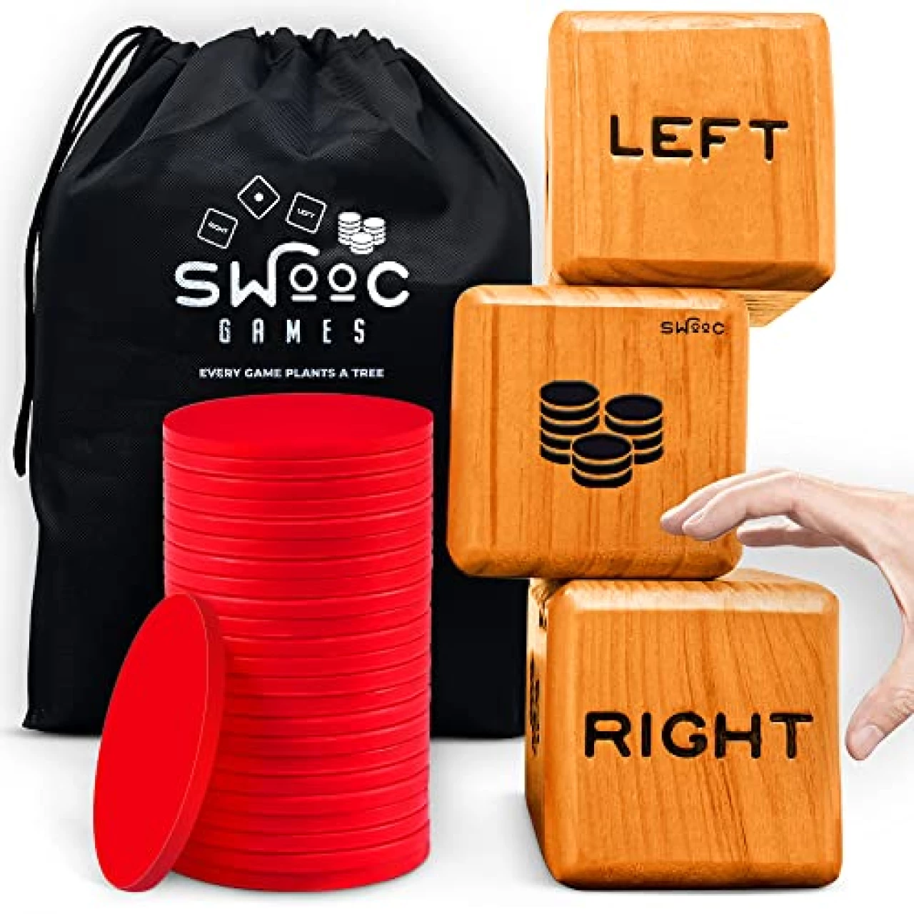 SWOOC Games - Giant Right Center Left Dice Game (All Weather) with 24 Large Chips &amp; Carry Bag - Jumbo Wooden Lawn Game - Big Backyard Game for Family - Indoor/Outdoor