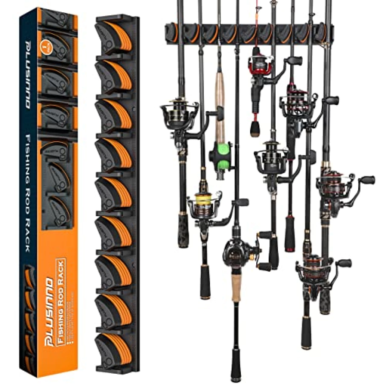 PLUSINNO V9 Vertical Fishing Rod Holders, Wall Mounted Fishing Pole Holders, Fishing Rod Rack Holds Up to 9 Rods or Combos, Fishing Rod Holders for Garage, Fits Most Rods of Diameter 3-19mm