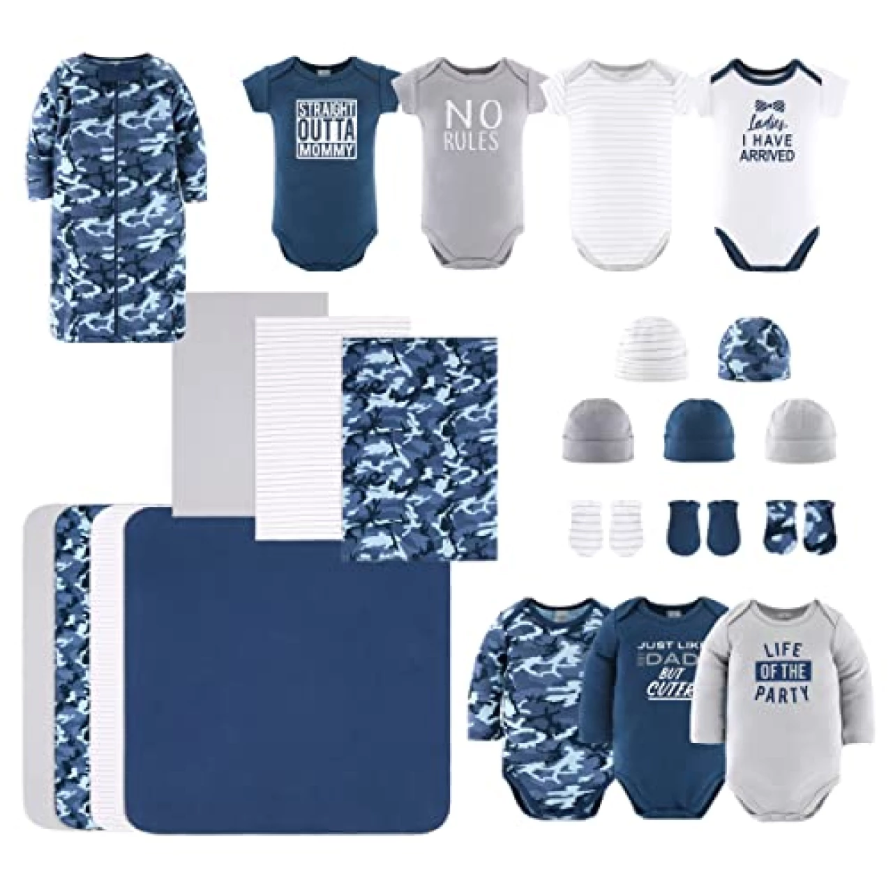 The Peanutshell Newborn Layette Gift Set for Baby Boys - 23 Piece Set - Blue Camo