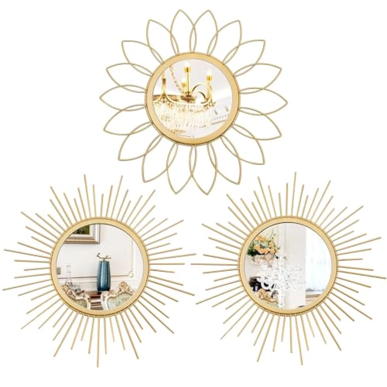 3 Pack Gold Mirrors for Wall Metal Sunburst Wall Mirrors Home Décor Decorative Hanging Wall Art for Living Room Bedroom Entryway