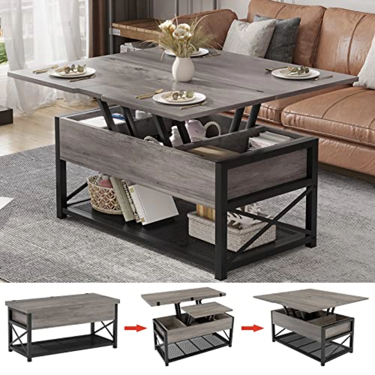 Itaar 43&quot; Lift Top Coffee Table, 3 in 1 Multi-Function Small Coffee Table with Storage for Living Room, Dining Reception Room, Grey