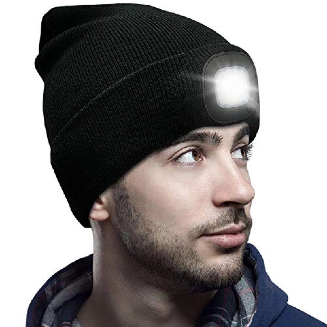 Unisex Beanie with Light, USB Rechargeable LED Headlamp Beanie, Gifts for Dad Father Men Husband Warm Knitted Cap Black