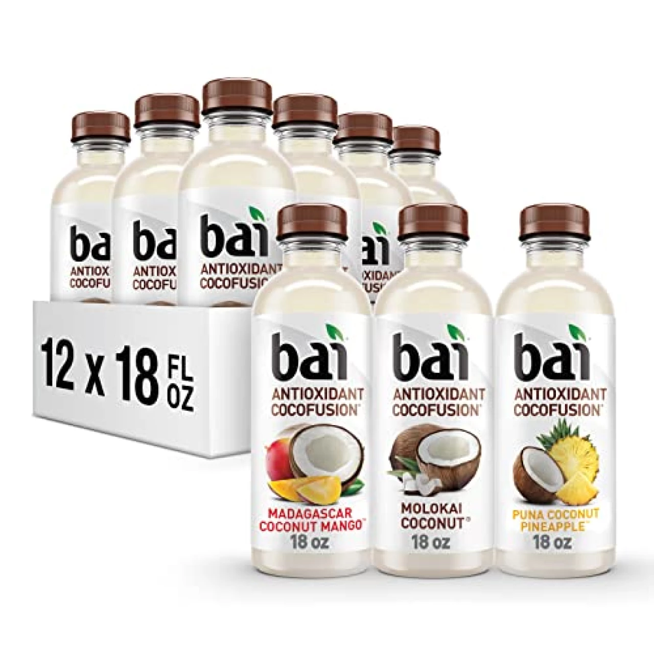 Bai Coconut Flavored Water, Cocofusions Variety Pack III - 6 of Molokai Coconut, 3 each of Madagascar Coconut Mango, Puna Coconut Pineapple (Assorted Flavors)18 Fl Oz (Pack of 12)