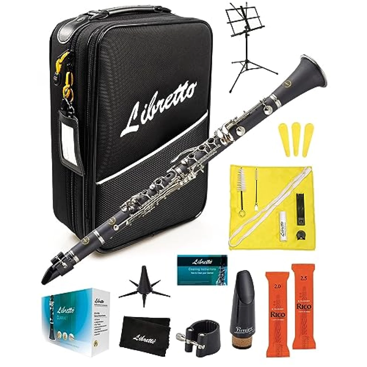 Libretto Bb Clarinet Set for Beginner and Intermediate Players, Name-Brand Mouthpiece &amp; Reeds, Music Stand, Cleaning Kit, Instructions, Backpack Case, 5-Leg Stand, Educator-Recommended