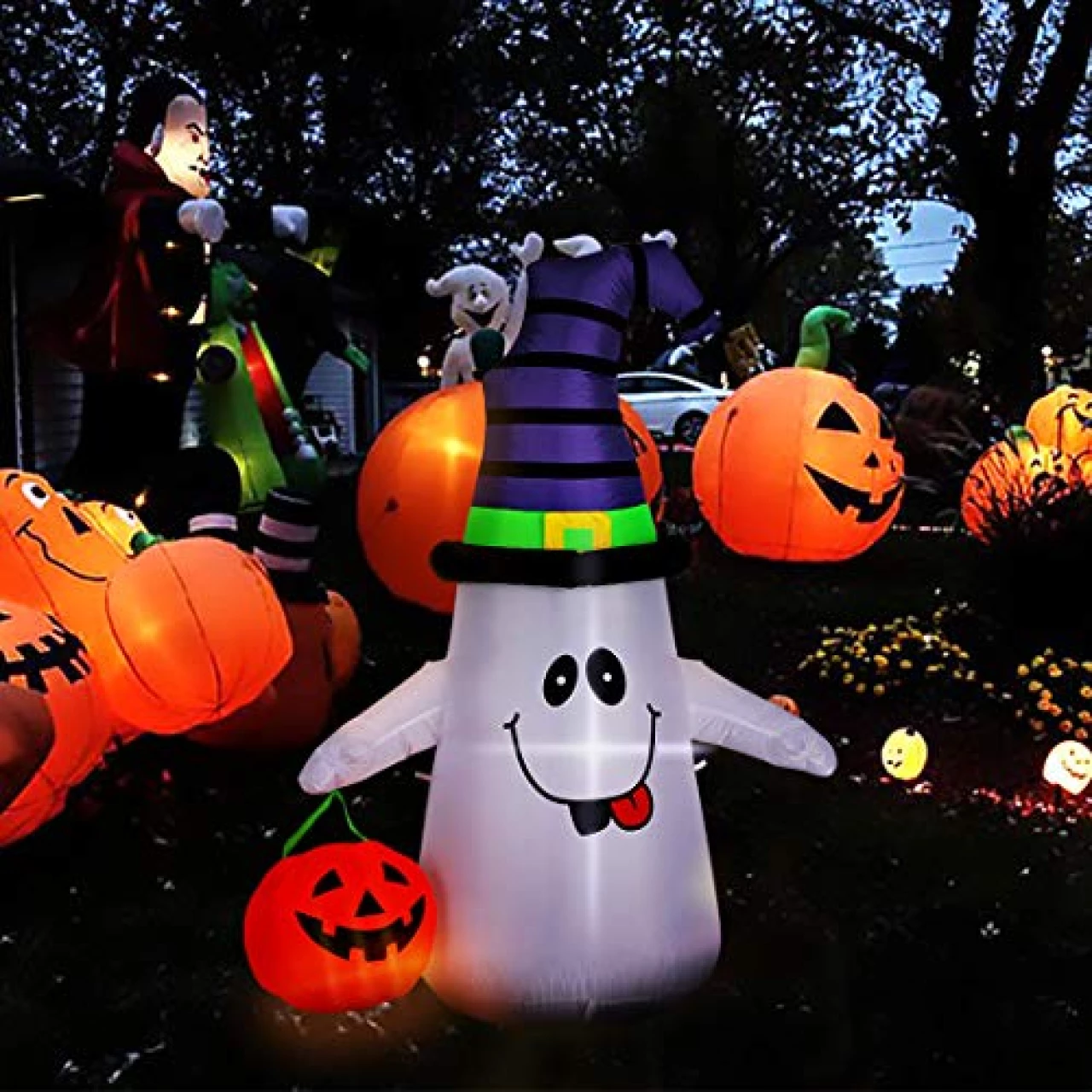 VIVOHOME 5ft Height Halloween Inflatable LED Lighted White Ghost with Pumpkin Lantern