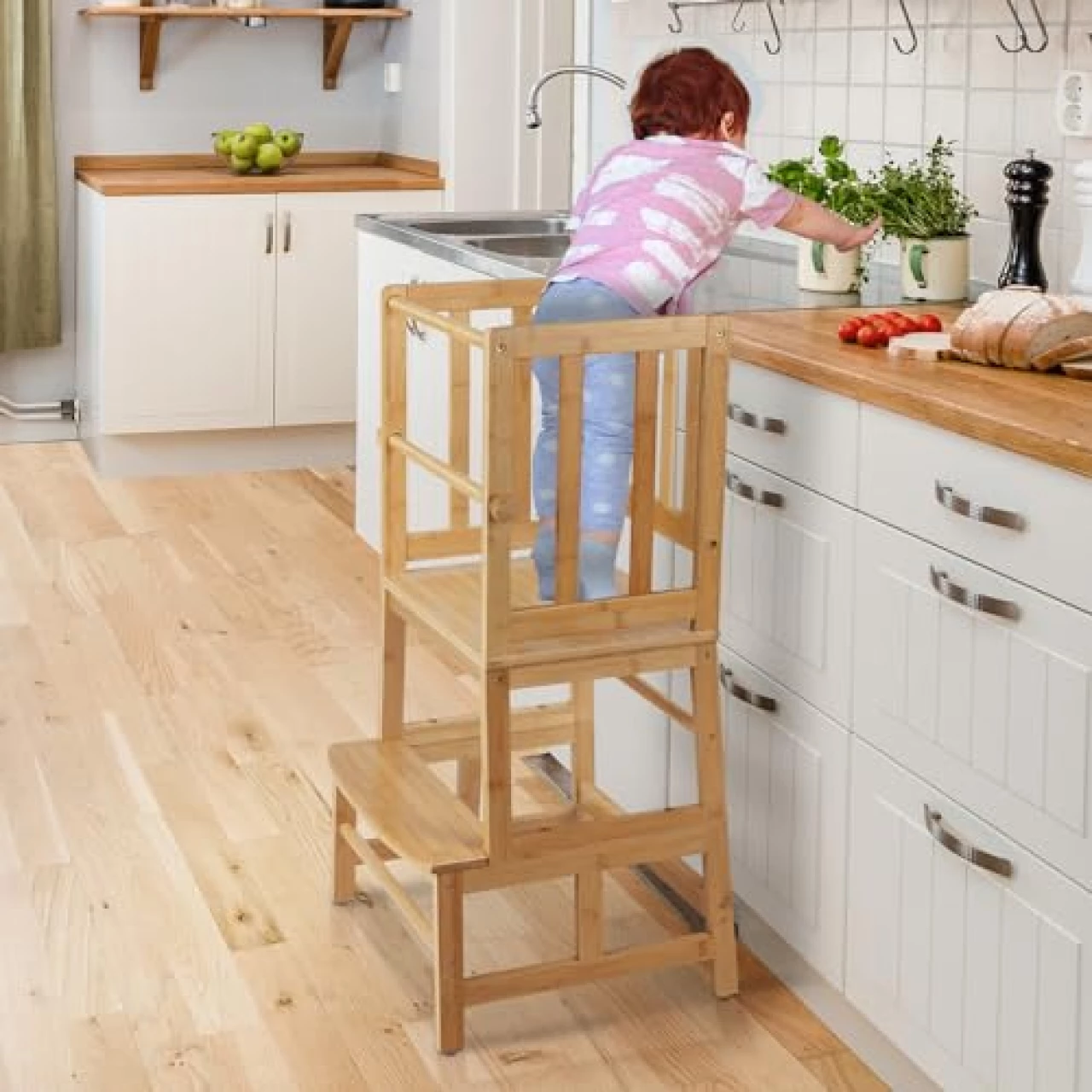 COSYLAND Kids Kitchen Step Stool，Toddler Standing Tower with CPC Certification, Removable Anti-Drop Railing Safety Rail Enjoys Unique Patented Design A Anti-tip Structure More Stable, Natural Bamboo