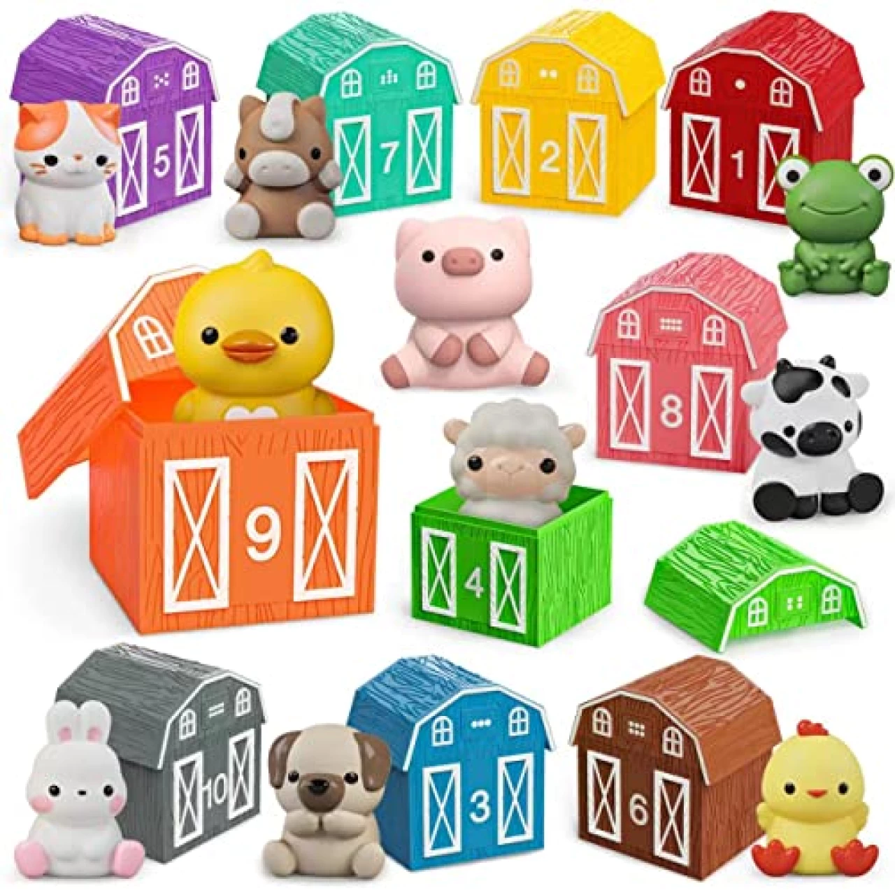 Learning Toy for Toddlers 1 2 3 Year Old, 10 Farm Animal Toys &amp; 10 Barns, Counting, Matching &amp; Sorting Montessori Educational Sensory Toys