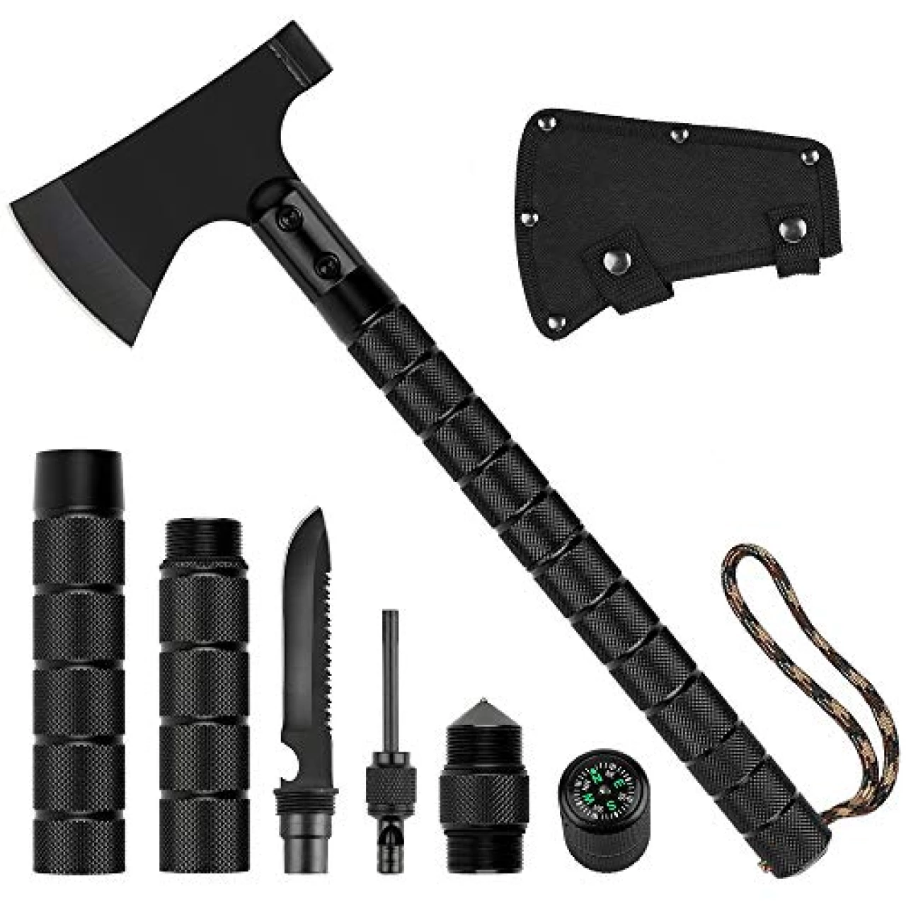 CASAVIDA Survival Camping Axe Multi-Tool Hatchet Hunting Set Tactical Throwing Axe with Hammer Sheath Whistle for Backpacking Hiking and Outdoor Adventure