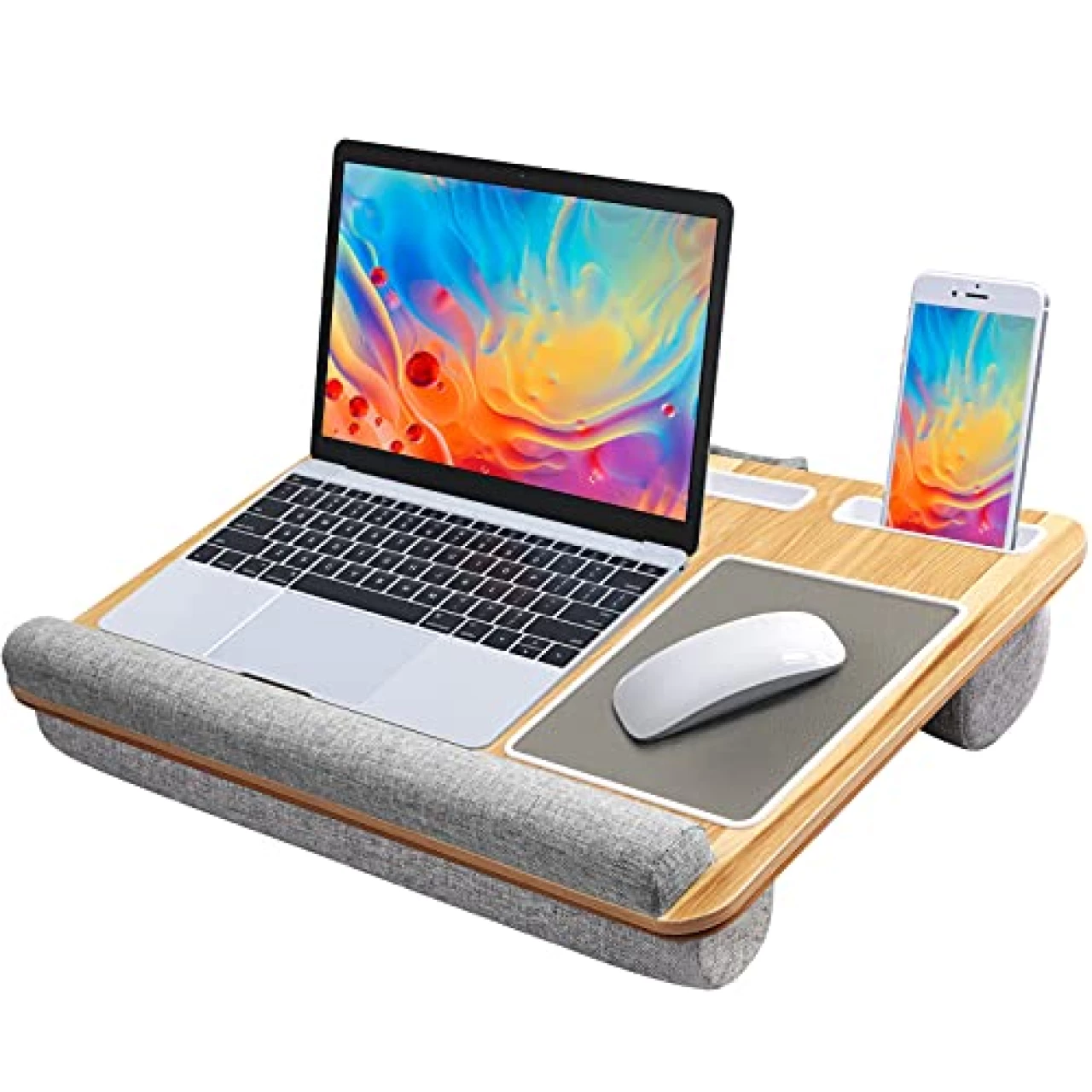 HUANUO Lap Desk - Fits up to 17 inches Laptop Desk, Built in Mouse Pad &amp; Wrist Pad for Notebook, Laptop, Tablet, Laptop Stand with Tablet, Pen &amp; Phone Holder (Wood Grain)