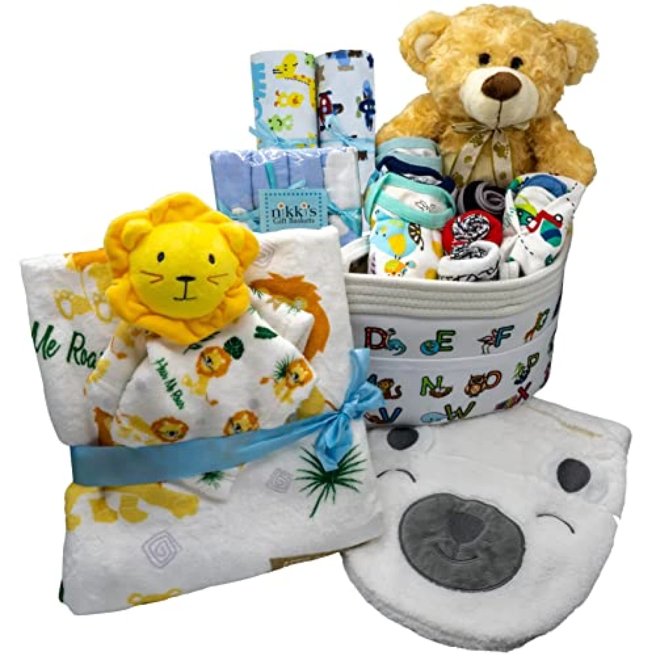 Joyful Arrival Deluxe Baby Boy Gift Basket, Baby Layette Set with 20-Piece Premium New Baby Essentials &amp; Canvas Diaper Tote, Baby Gift Set for Expecting Moms &amp; Baby Showers