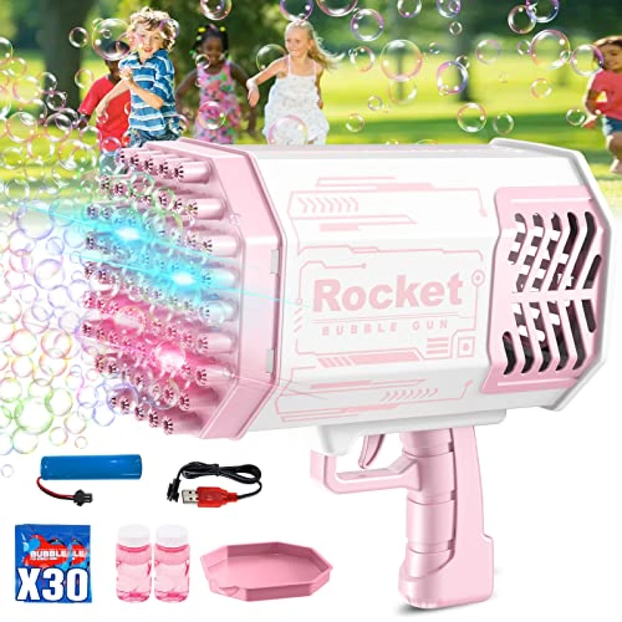 Bubble Gun with Light/2 Bottles Bubble Solution (30 Packs Extra Bubble Solution), 69 Holes Bubble Machine Gun for Kids Adults, Bubble Maker, Summer Toy Gift for Outdoor Indoor Birthday Wedding Party